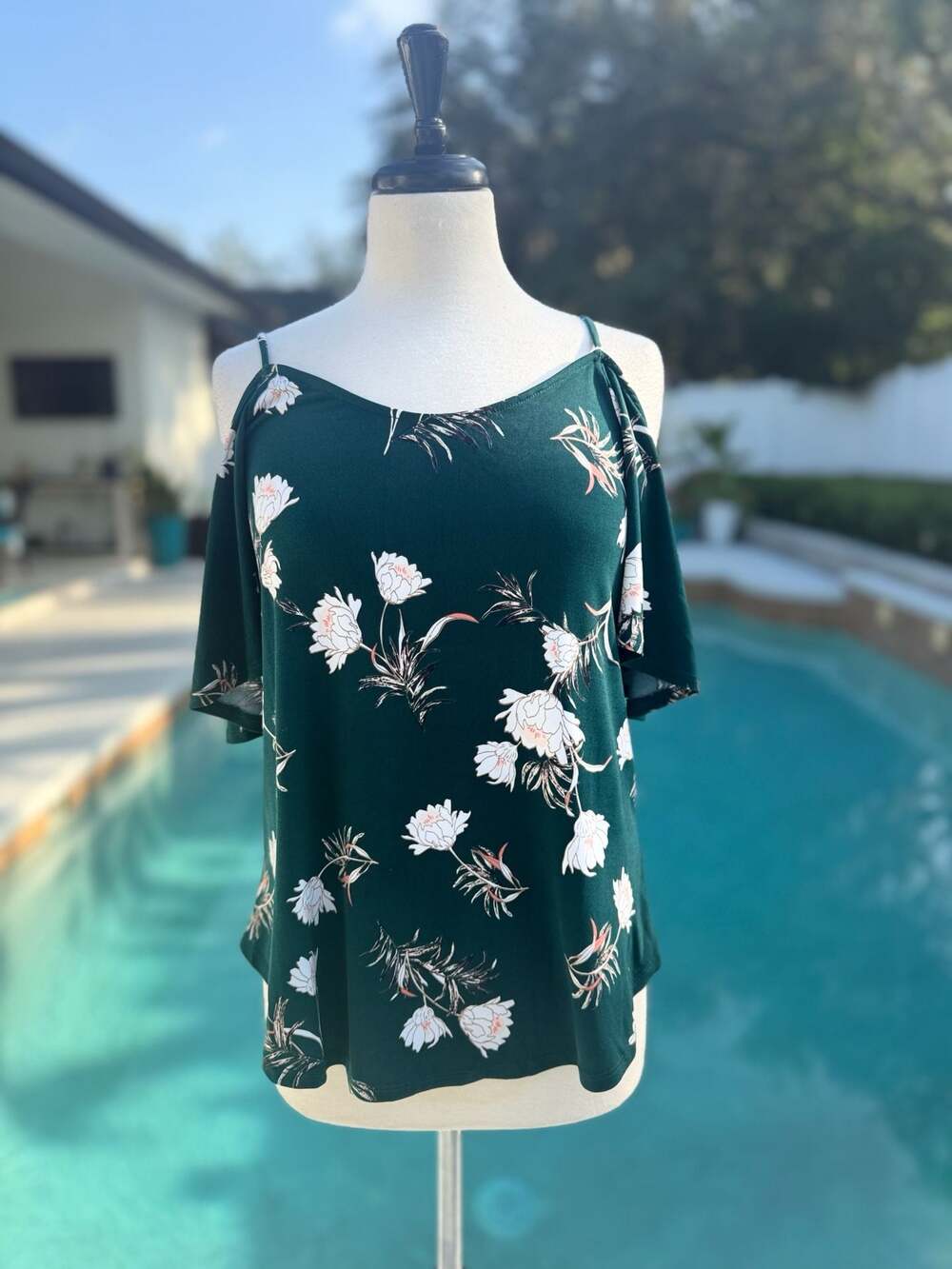 Kaileigh Floral Cold Shoulder Short Sleeve Blouse Top with Crisscross Back